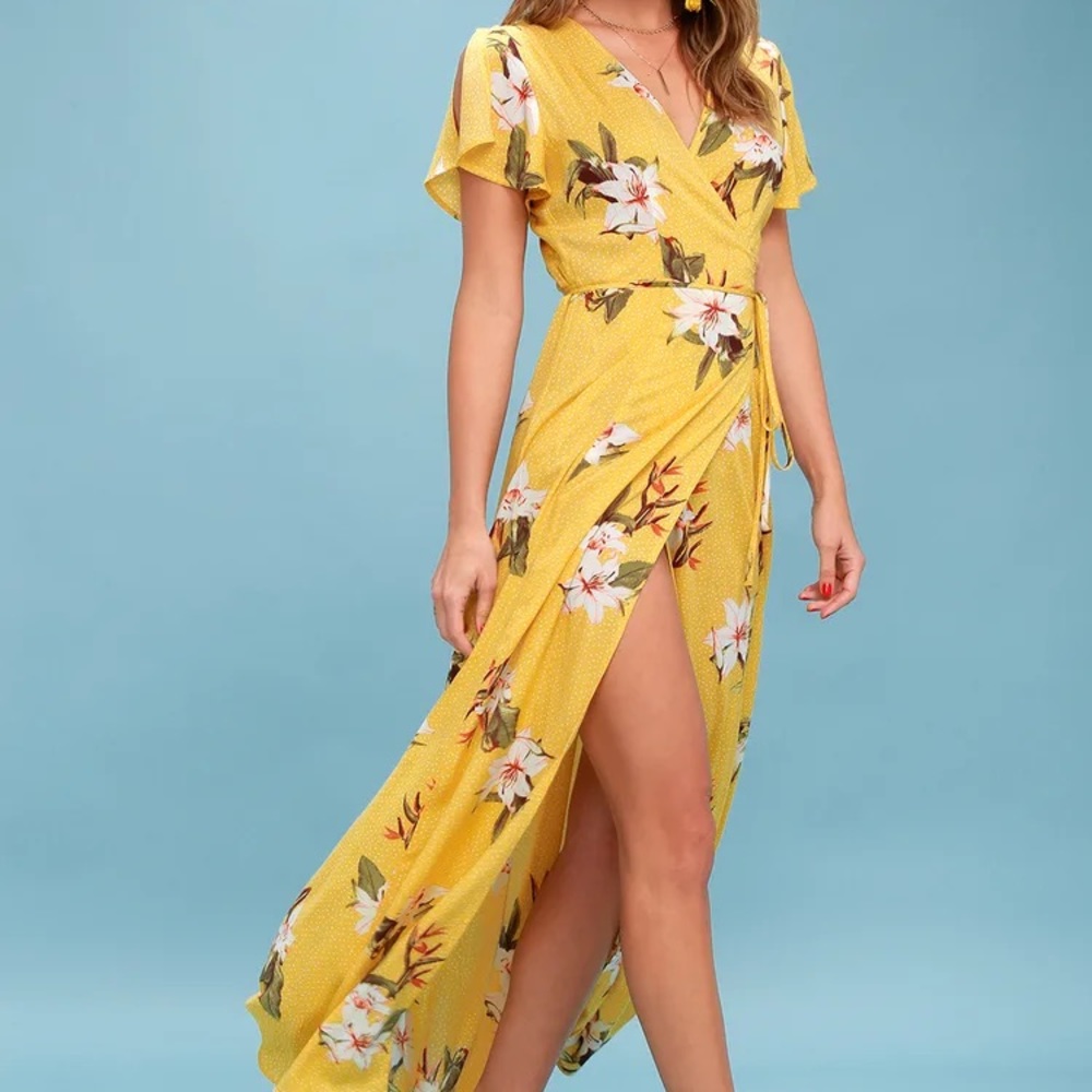 Heart of Marigold Yellow Tropical Print Wrap Maxi